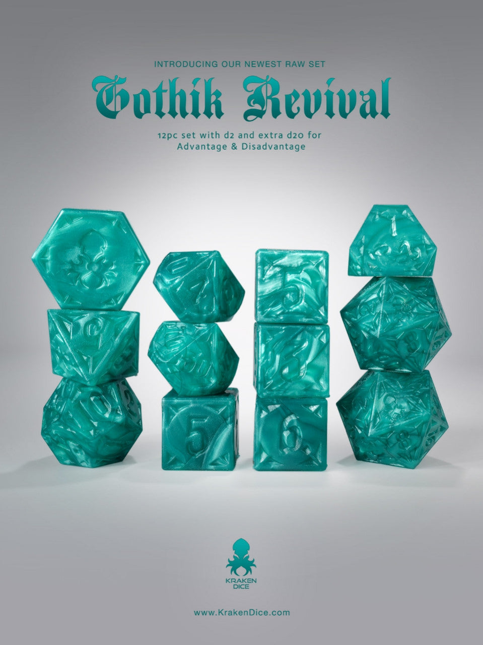 RAW Teal Gothik Revival  RPG 12pc Dice Set